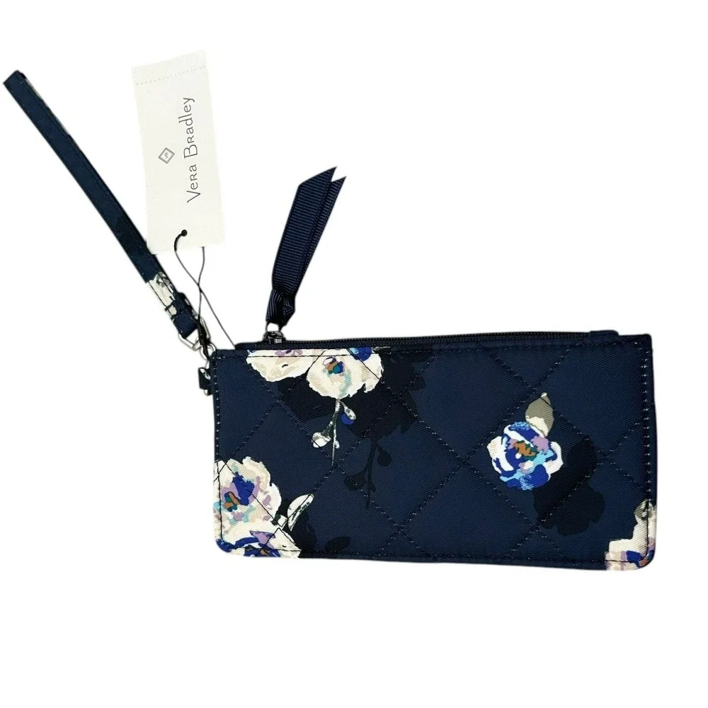 Vera Bradley Quilted Card Case Wristlet Wallet Navy Blue‎ with ID Window